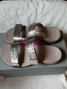 Vionic Metallic Silver Double-Strap Slide Sandals with Pink Accents